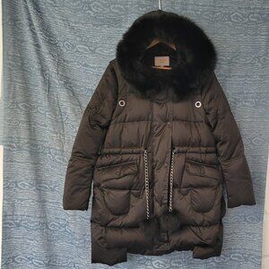 Womens duck feather puffer jacket with real fox fur-Black Size Small-Immaculate
